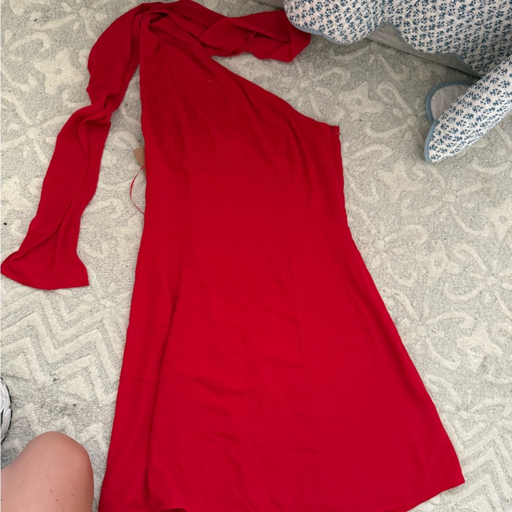 Red Pleated One-Shoulder Cocktail Dress with necktie